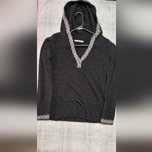 Charcoal Gray With Colorful Flecks V-Neck Sweater with Button Detail Size Large
